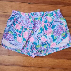 Lilly Pulitzer Blue and Pink Athletic Shorts Vibrant Tropical Print